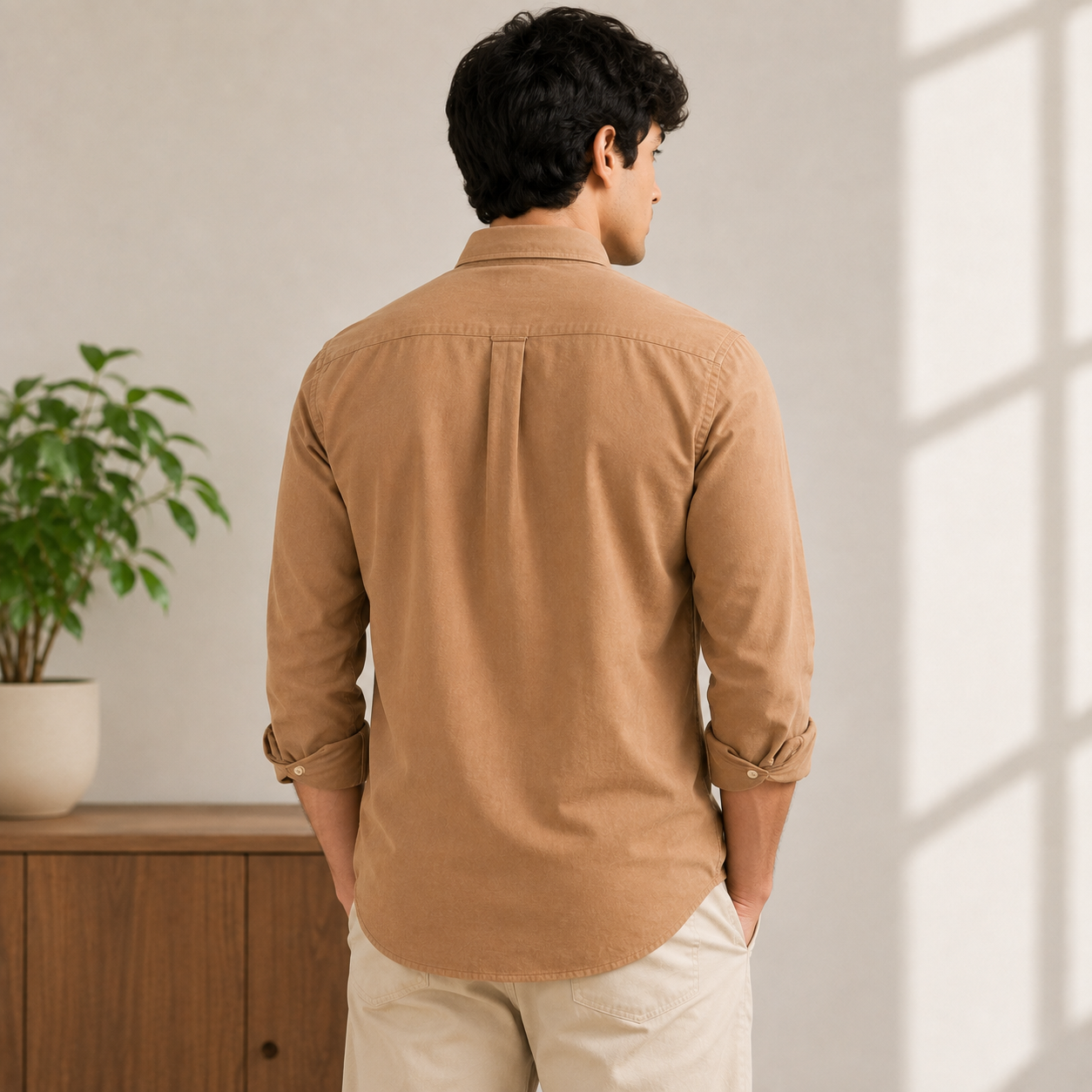 Lac_oste Men’s Tan Brown Slim Fit Button-Down Shirt – Signature Crocodile Logo