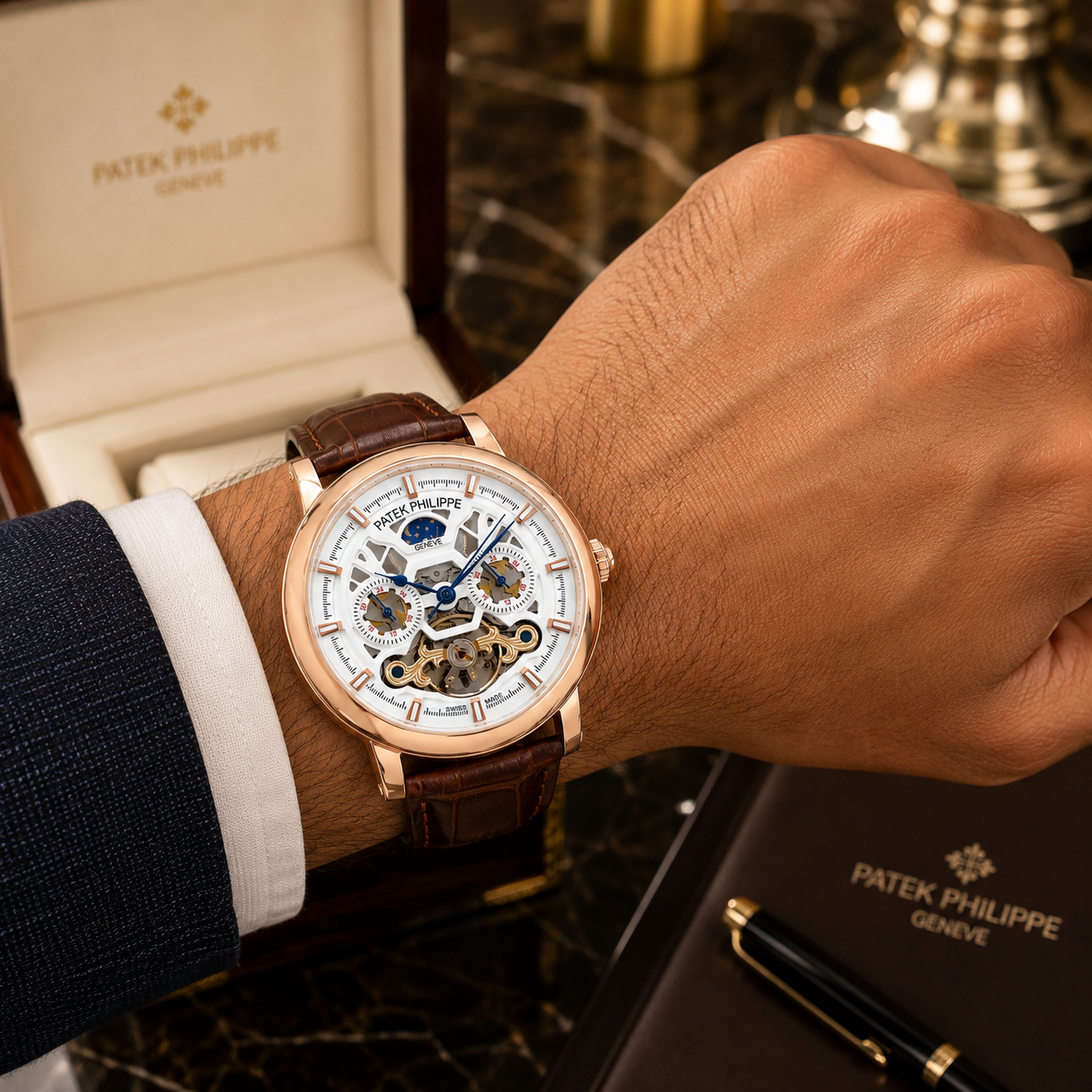 Pa_tek Phil_ippe Automatic Skeleton Men’s Watch – Rose Gold Case, White Open-Work Dial & Brown Leather Strap