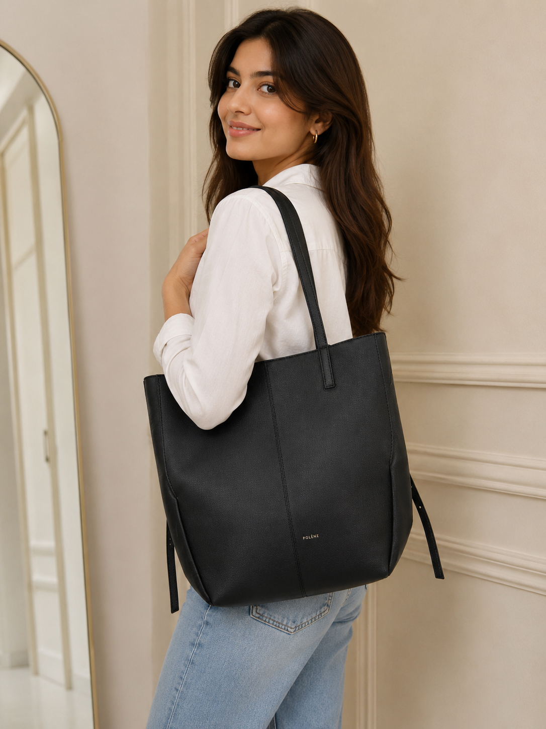 POL_ÈNE Women’s Black Textured Tote Bag – Premium Large Shoulder Carryall