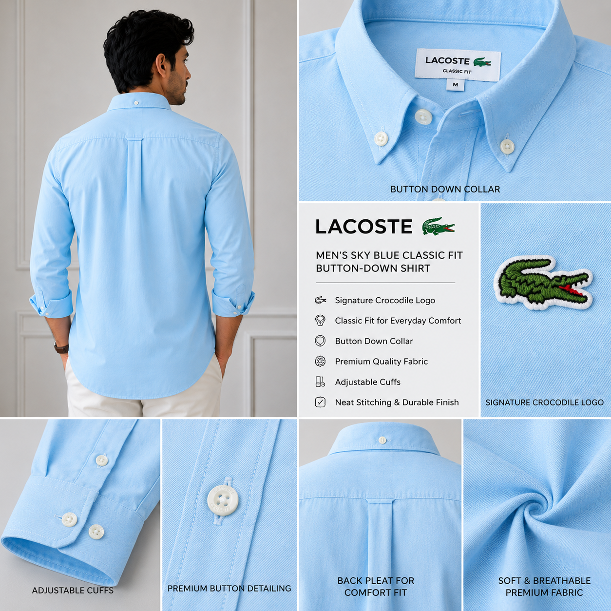 Lac_oste Men’s Sky Blue Classic Fit Button-Down Shirt – Premium Casual Wear
