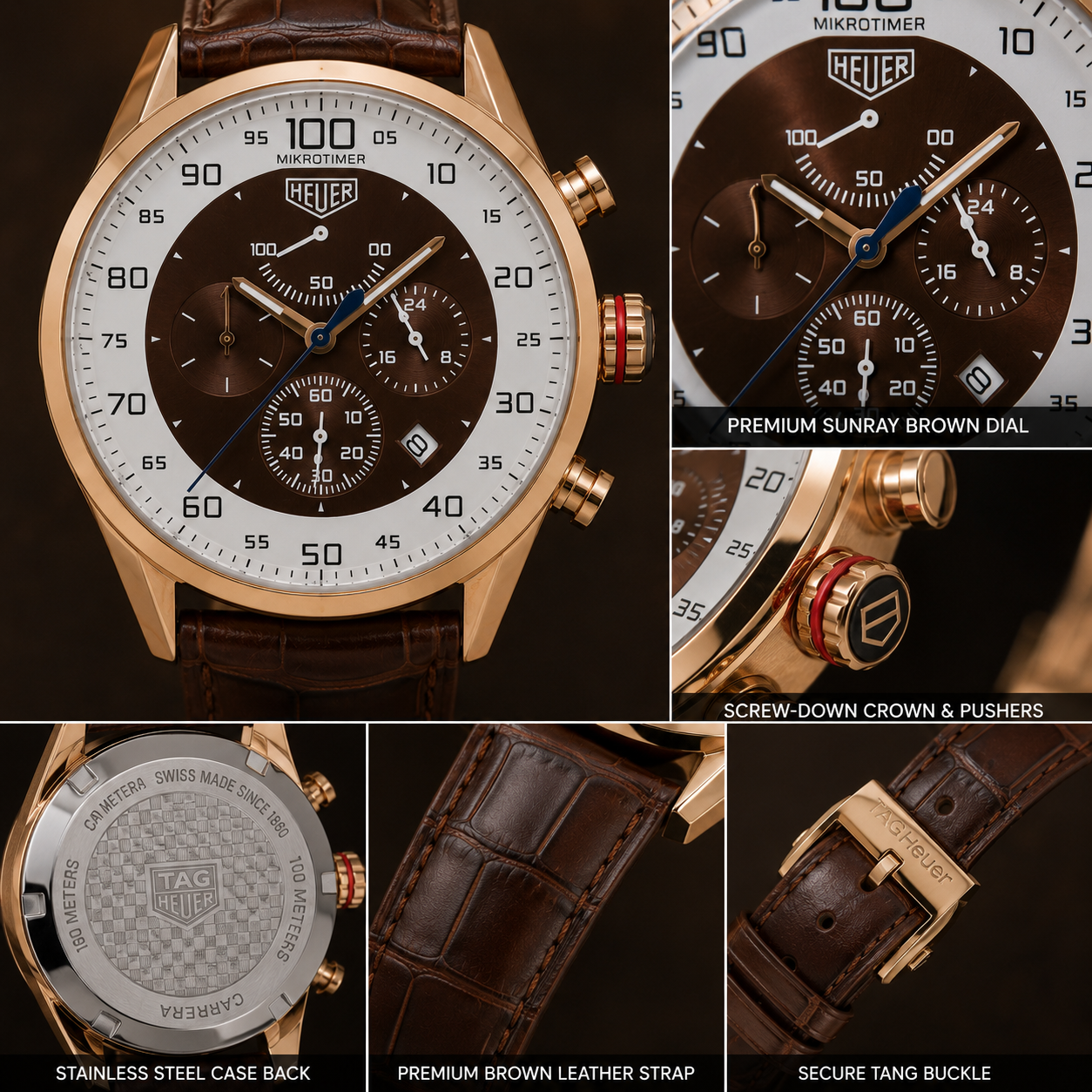 T_AG He_uer Mikrotimer Men’s Chronograph Watch – Rose Gold Case, Brown Dial & Leather Strap