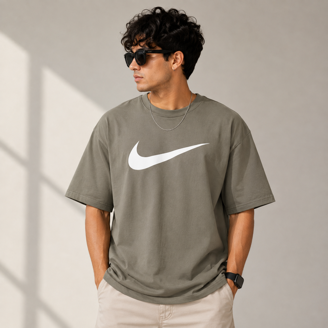 Ni_ke Men’s Grey Oversized Graphic T-Shirt – Swoosh Print Streetwear Tee