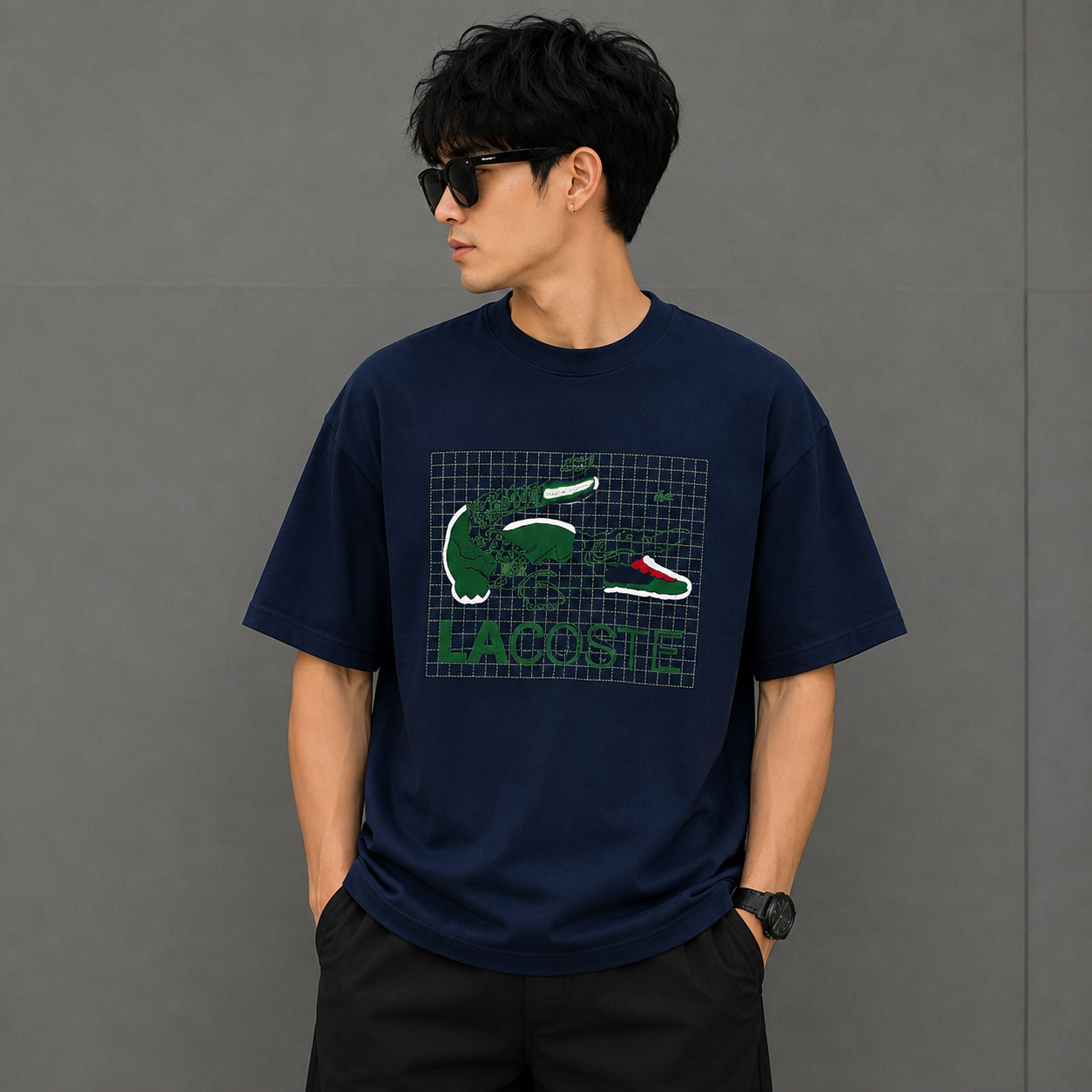 Lac_oste Men’s Navy Blue Graphic T-Shirt | Premium Crocodile Design Oversized Crew Neck Tee