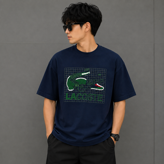 Lac_oste Men’s Navy Blue Graphic T-Shirt | Premium Crocodile Design Oversized Crew Neck Tee