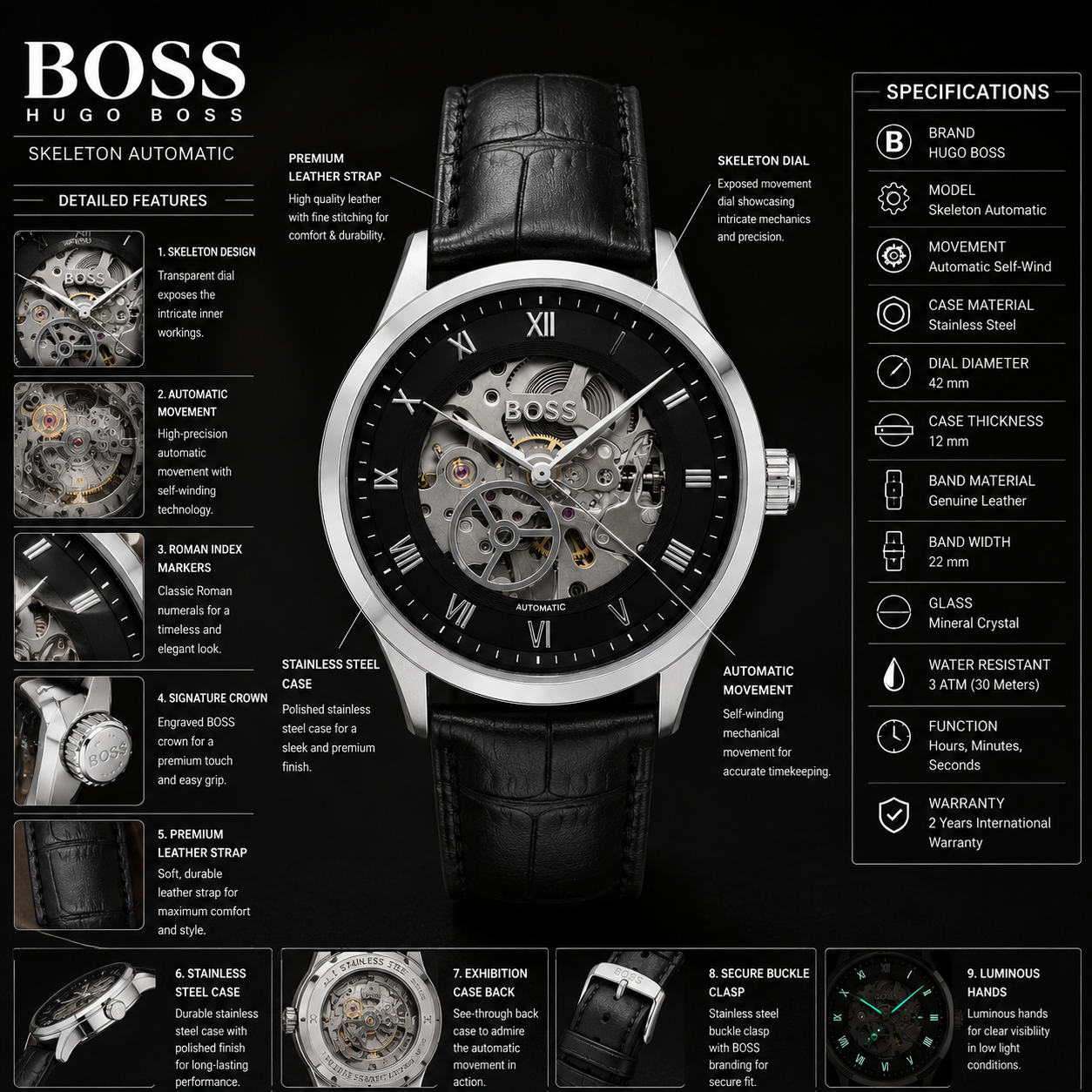 Hu_go Bo_ss Skeleton Automatic Black Leather Strap Watch