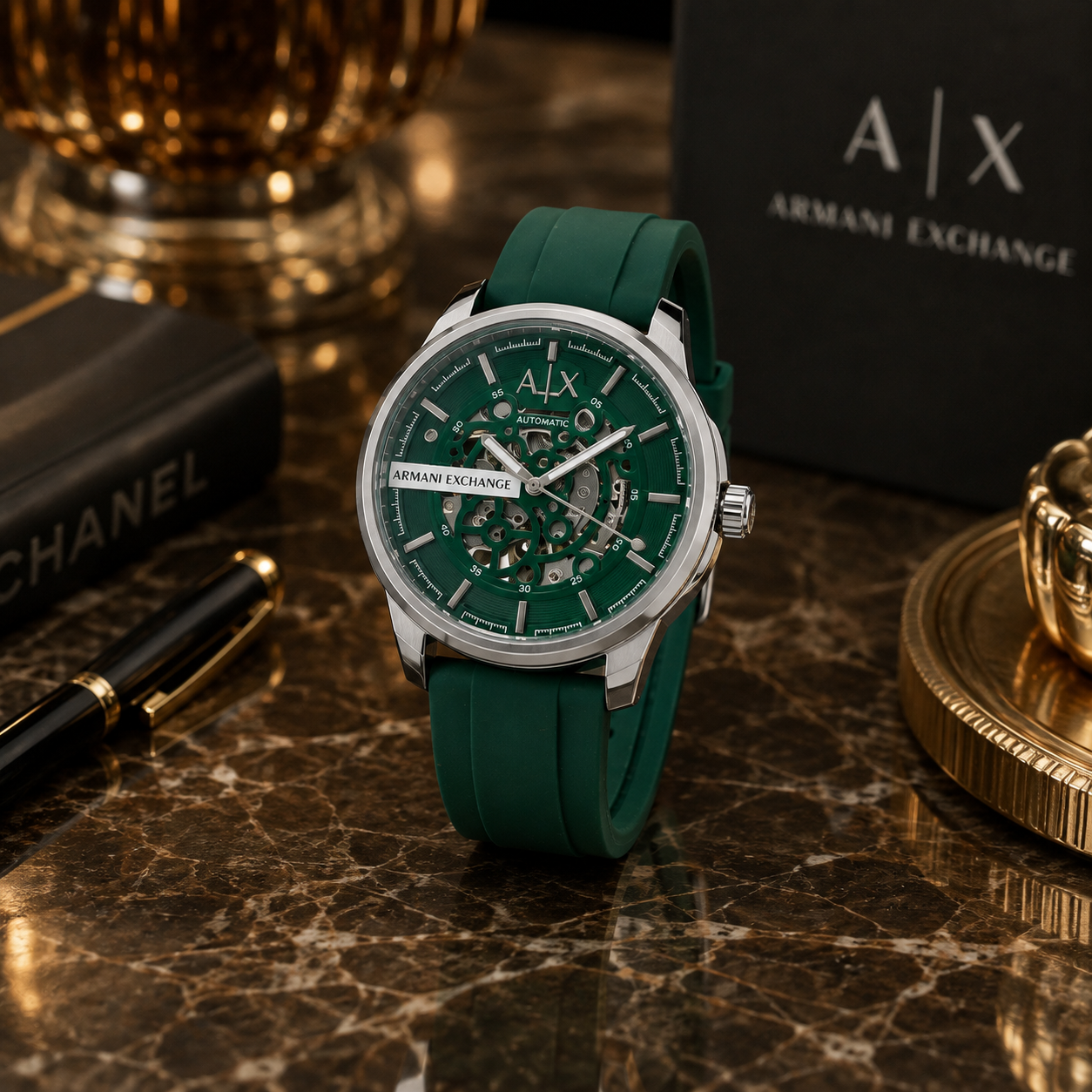 Ar_mani Exc_hange A_|_X Automatic Skeleton Dial Men’s Watch – Green Silicone Strap & Silver Case