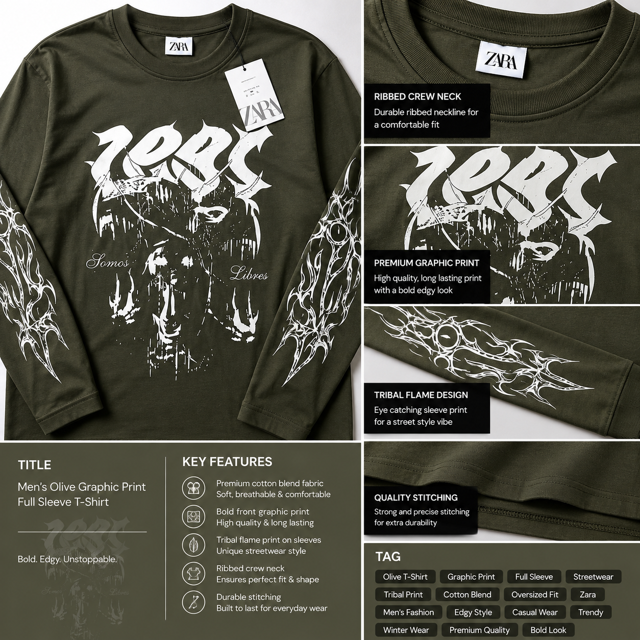 za_ra Men's Olive Oversized Graphic Print Full Sleeve T-Shirt