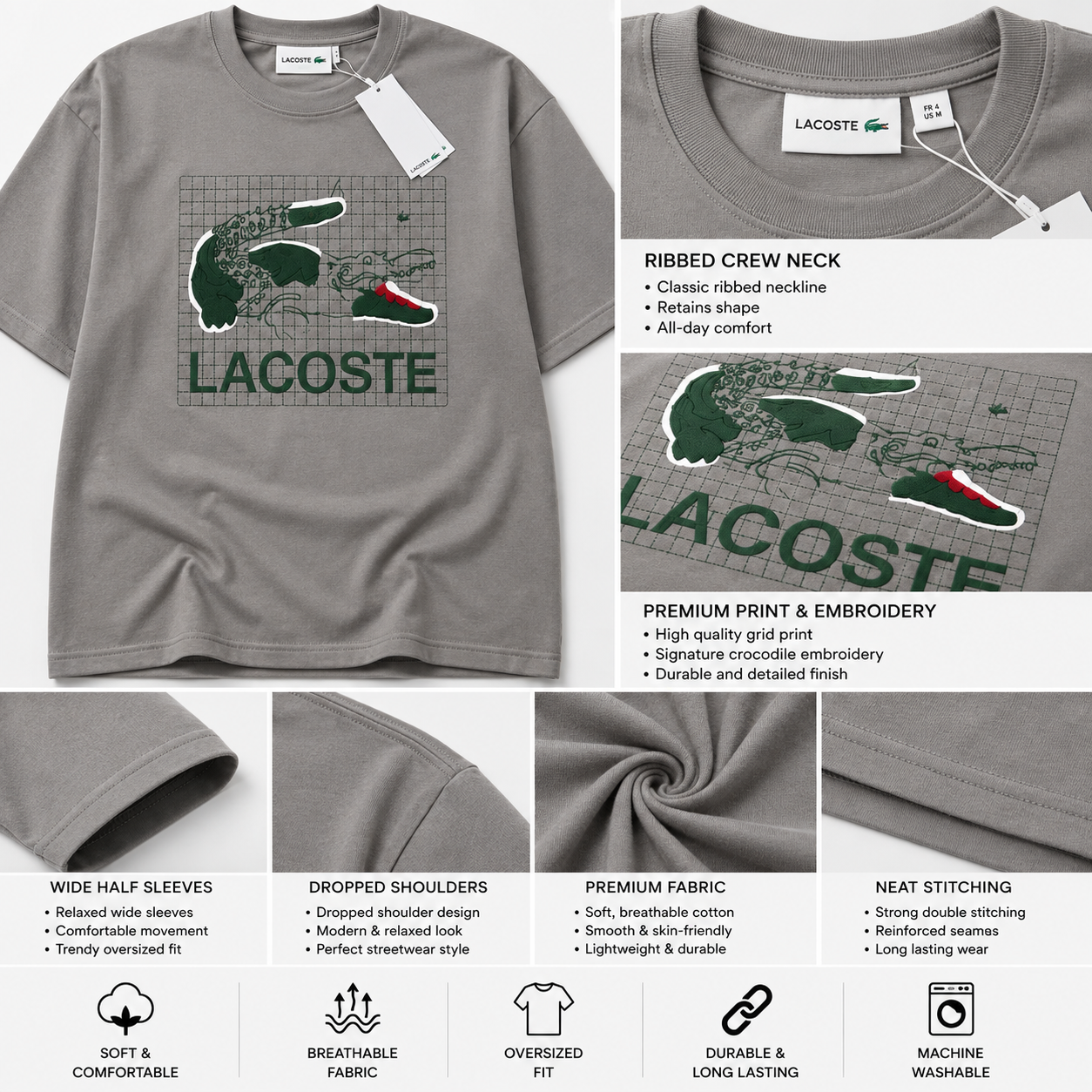 Lac_oste Men’s Grey Graphic T-Shirt | Premium Crocodile Design Oversized Crew Neck Tee