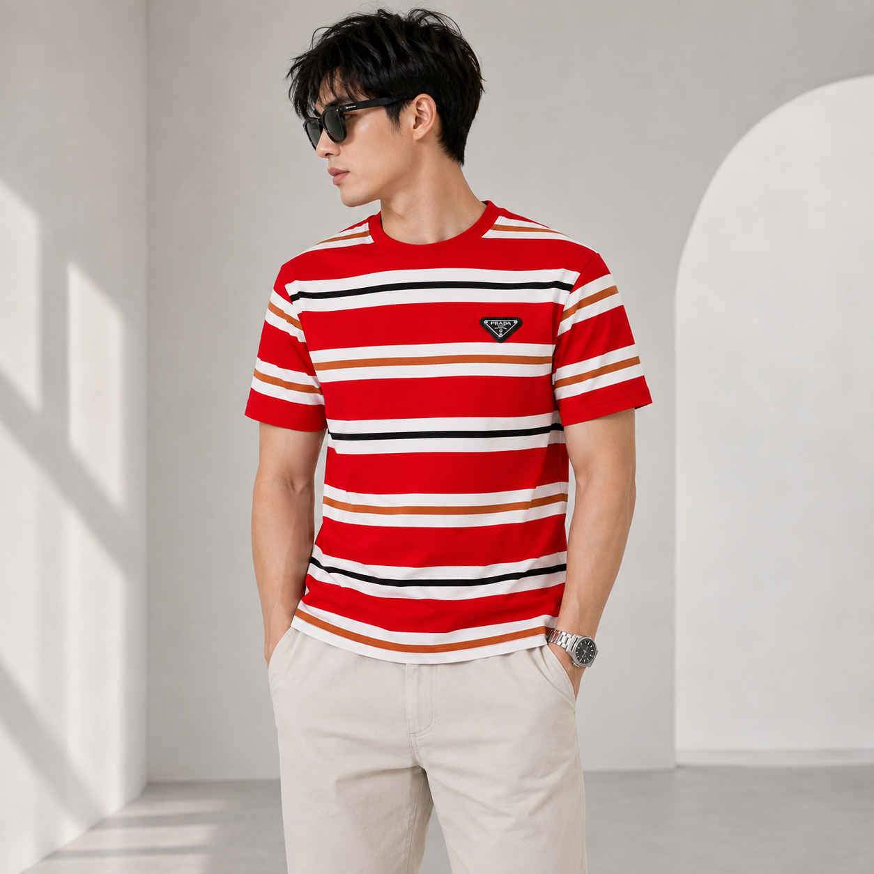 Pr_ada Men’s Premium Red Striped T-Shirt | Half Sleeve Round Neck Casual T-Shirt