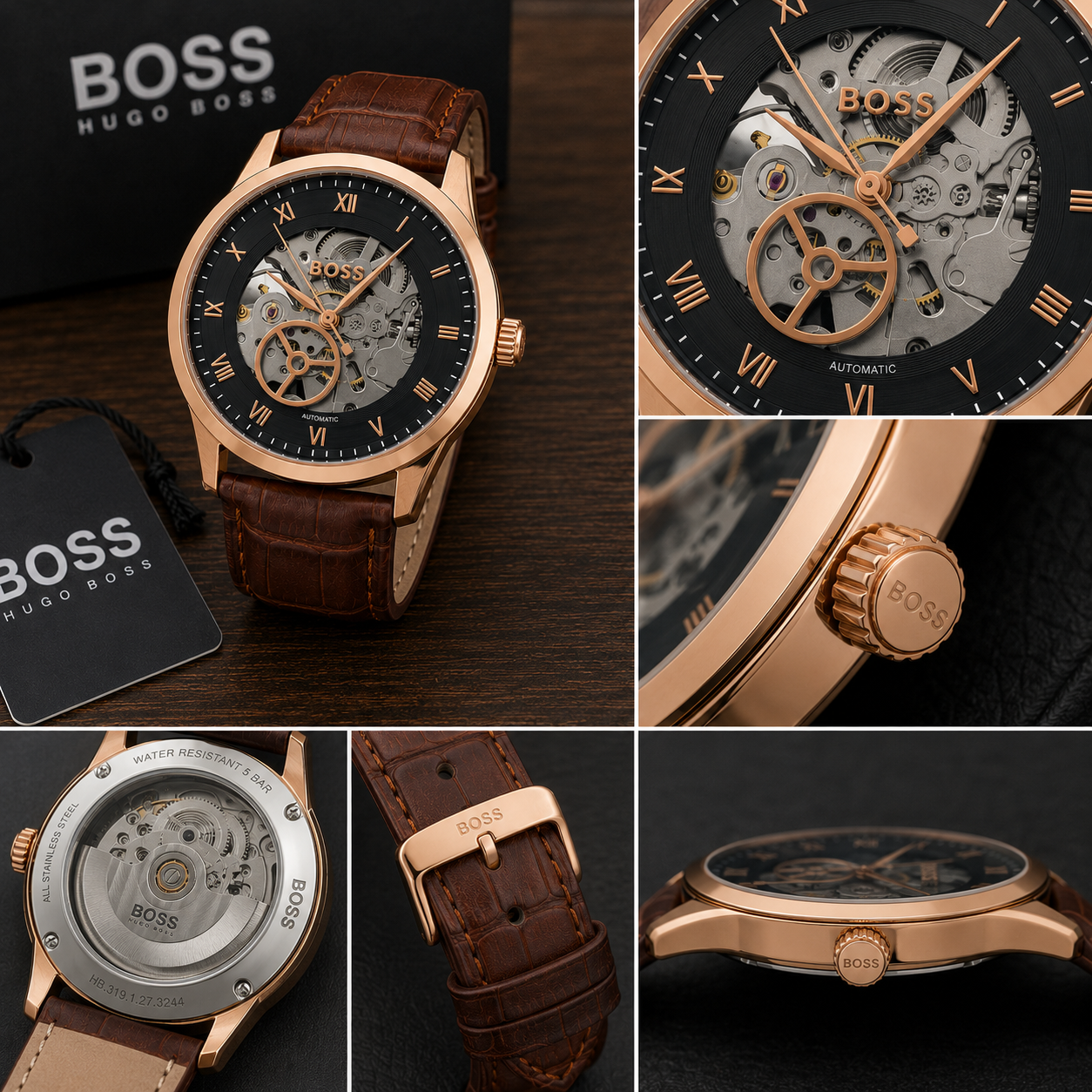 BO_SS Hu_go Bo_ss Automatic Skeleton Men’s Watch – Rose Gold Case & Brown Leather Strap