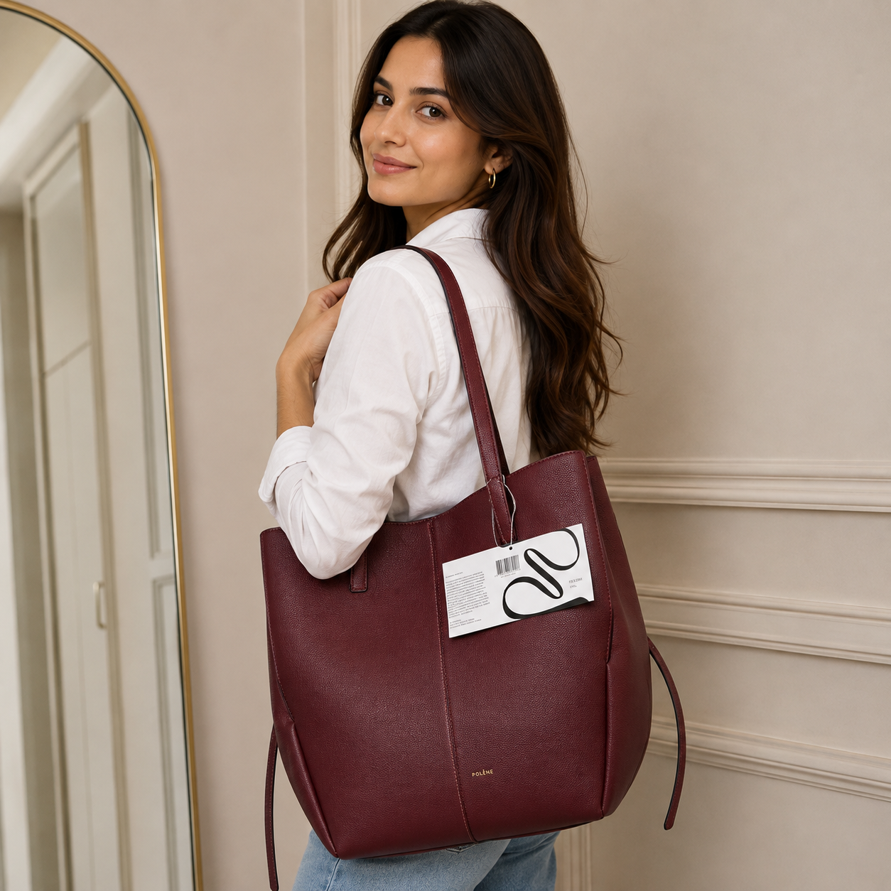POL_ÈNE Women’s Burgundy Textured Tote Bag – Premium Large Shoulder Carryall