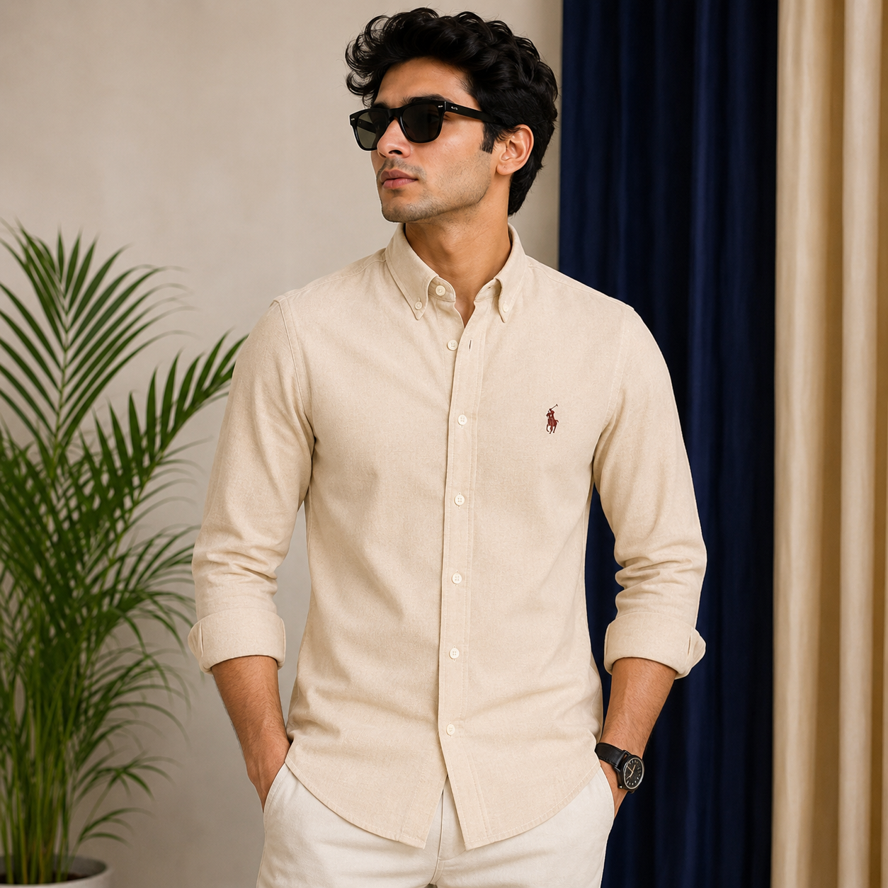 Po_lo RAL_PH LAU_REN Men’s Premium Beige Cream Oxford Shirt – Embroidered Button-Down Full Sleeve Shirt