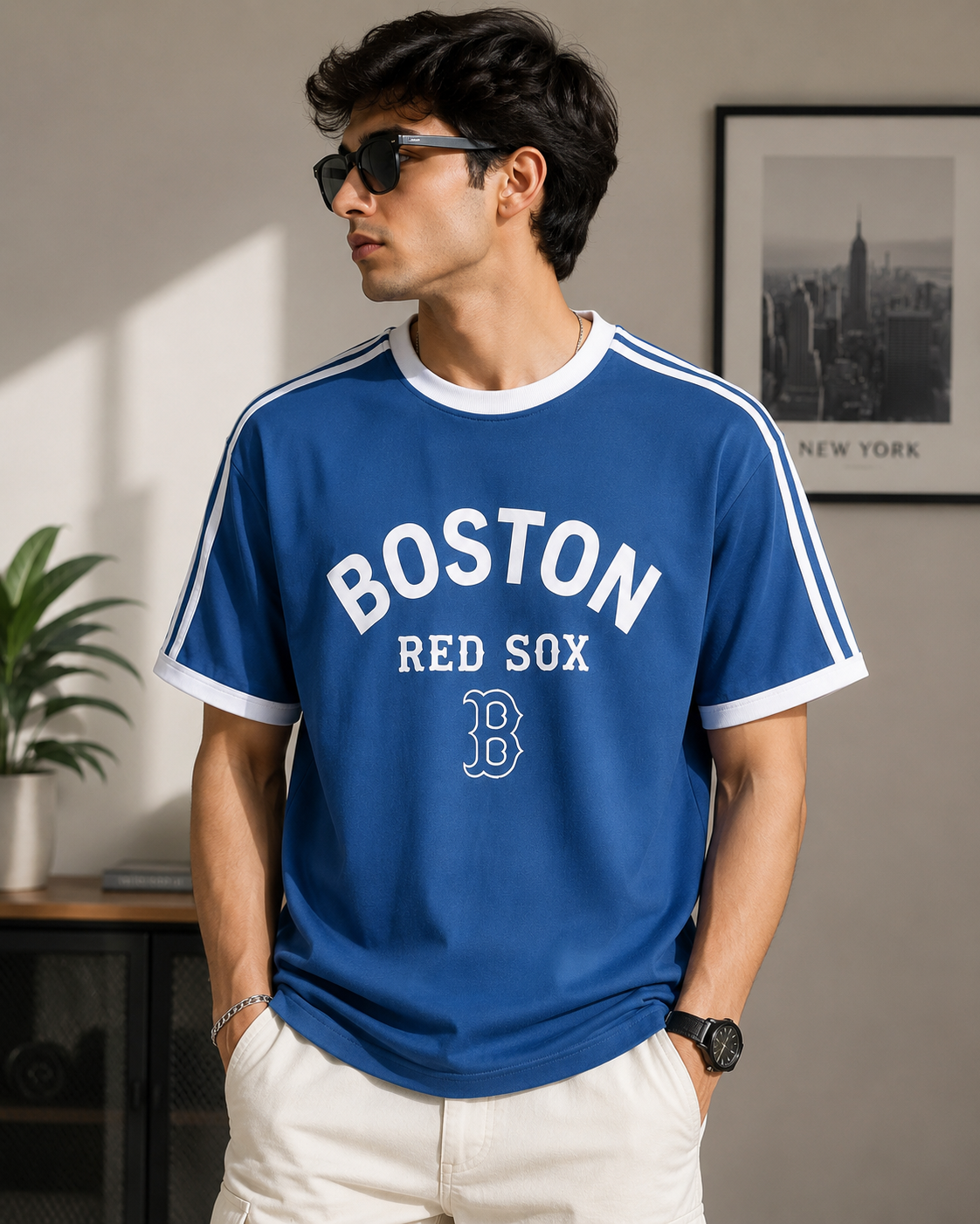 Bos_ton Re_d So_x Inspired Men's Premium Blue Oversized Cotton T-Shirt with Contrast Stripe