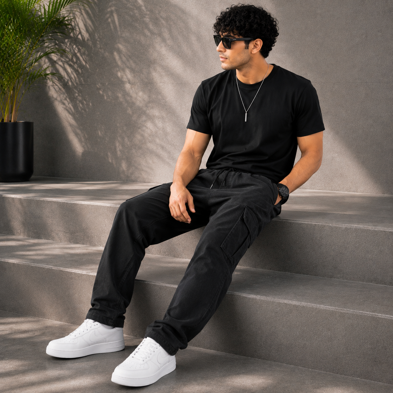 Po_lo Men's Premium Black Cargo Lower | Relaxed Fit Utility Pants with Drawstring Waist