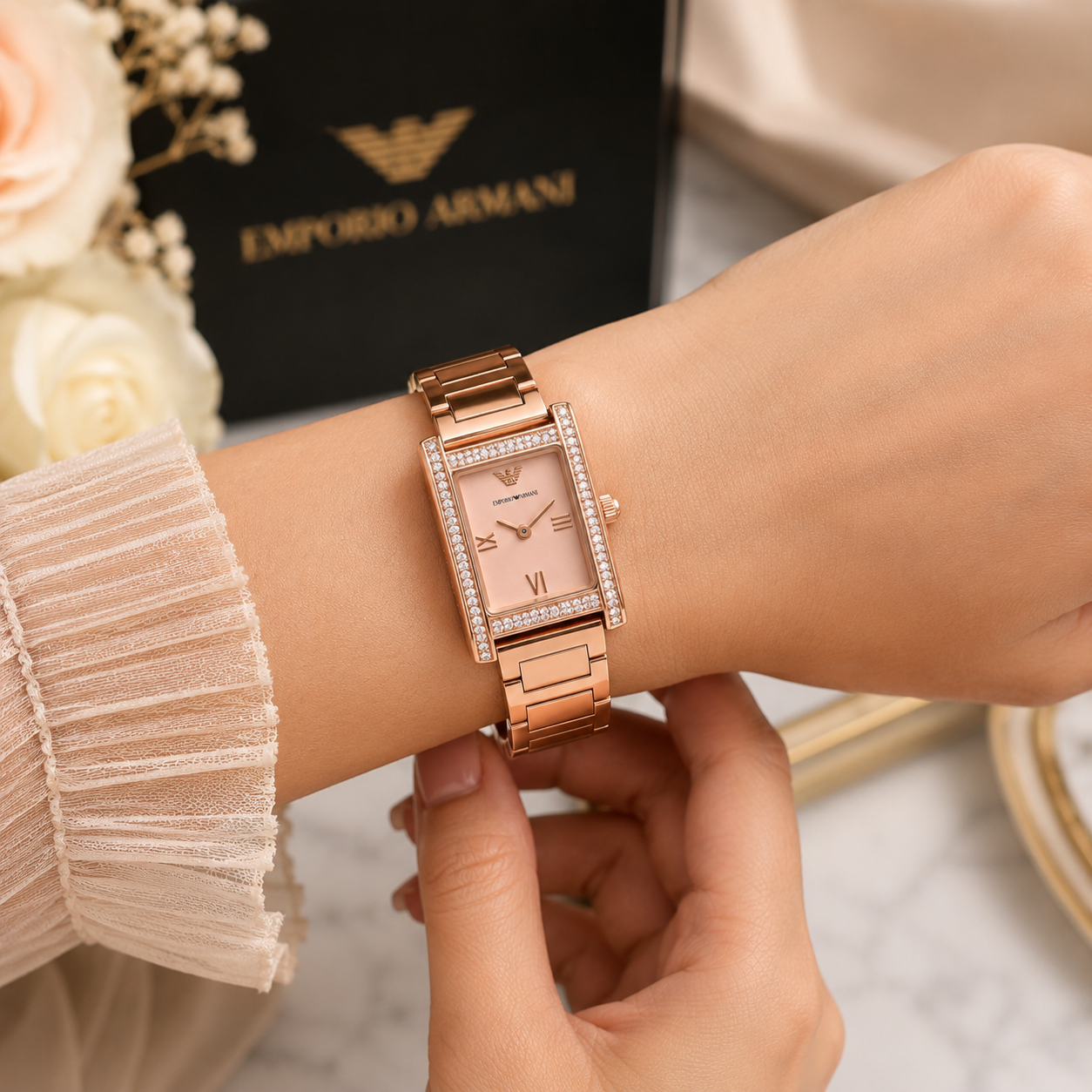 Emp_orio Arm_ani Rose Gold Crystal-Studded Rectangular Women’s Watch
