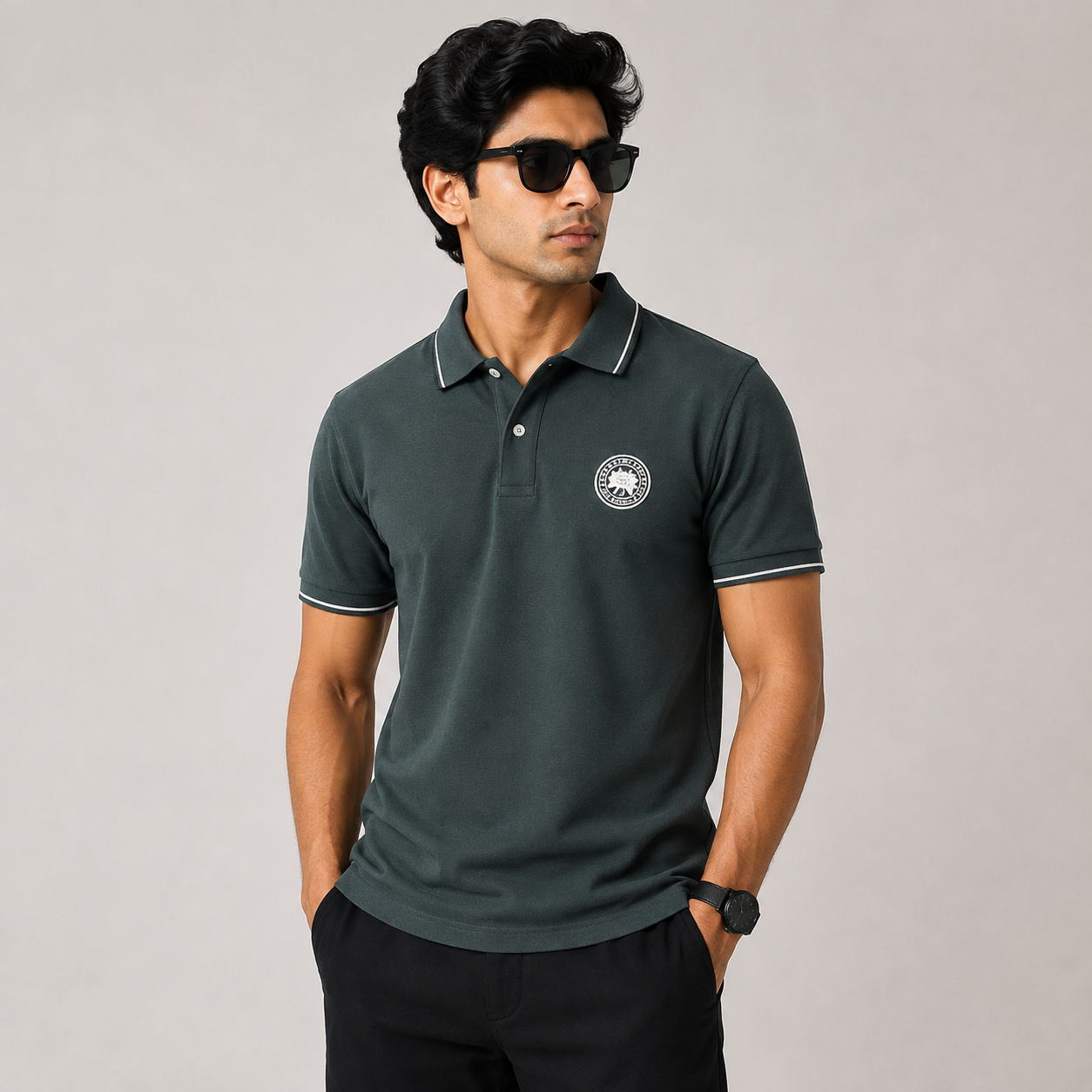 Men’s Charcoal Green Premium Polo T-Shirt with Contrast Tipping & Embroidered Chest Logo