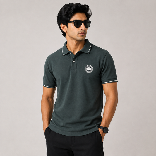 Men’s Charcoal Green Premium Polo T-Shirt with Contrast Tipping & Embroidered Chest Logo