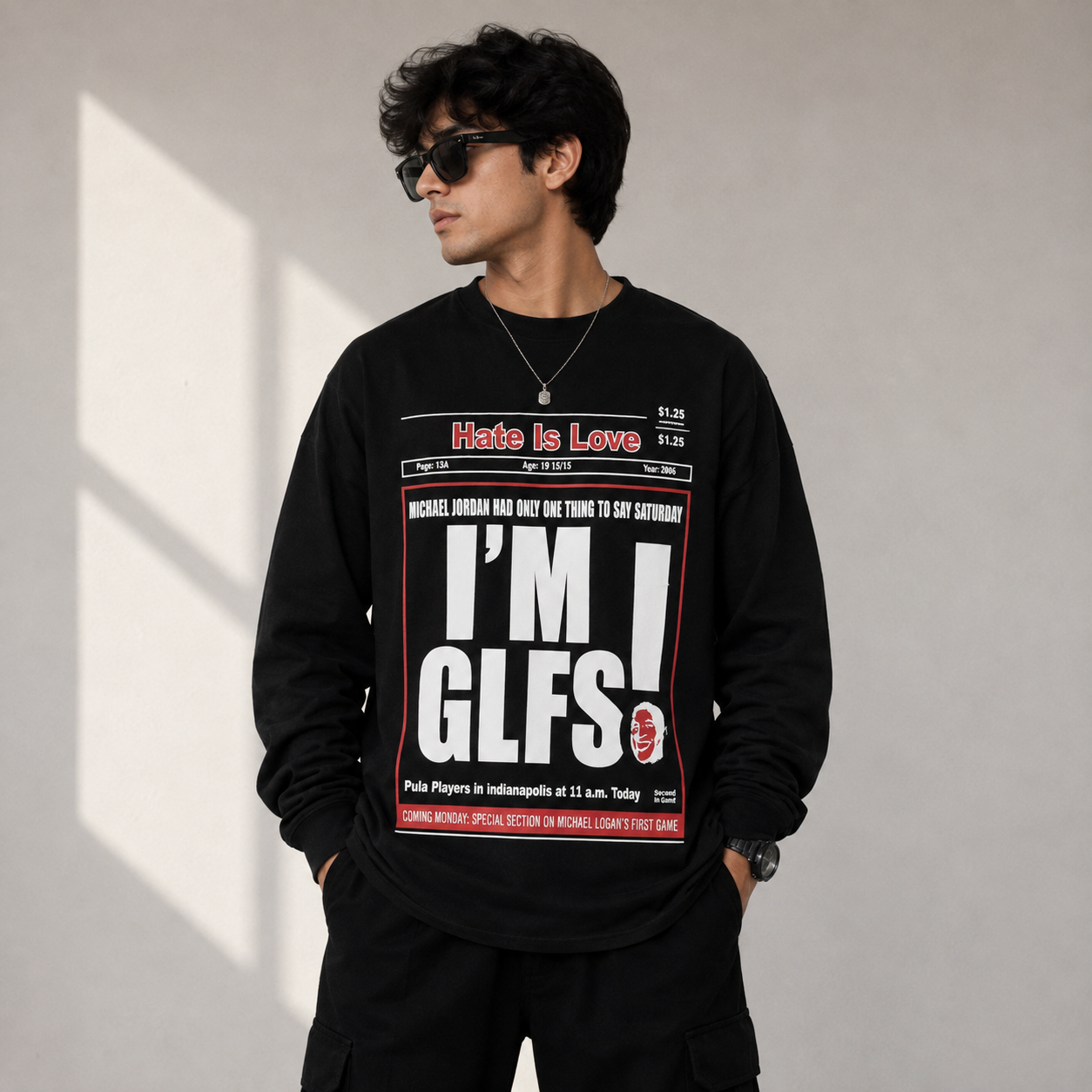 Za_ra Men’s Black Oversized Graphic T-Shirt | Full Sleeve Streetwear Tee | Newspaper Print Casual T-Shirt