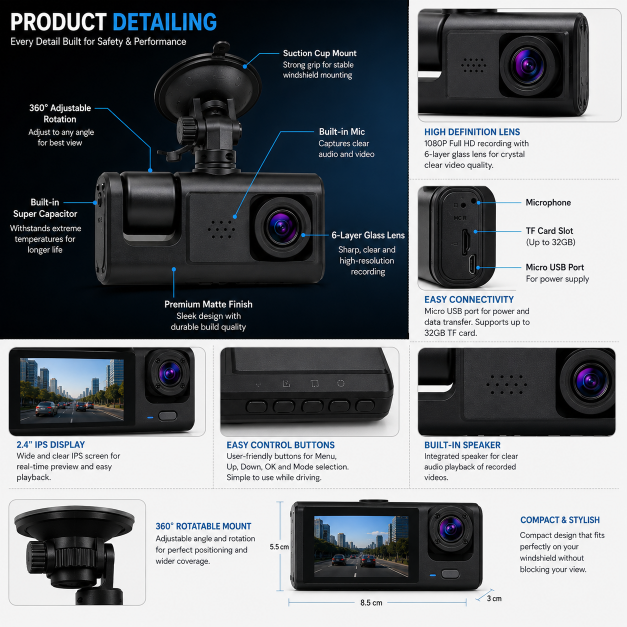 1080P Full HD WiFi Car Dash Camera – Black Box Traffic Recorder with Display & Suction Mount