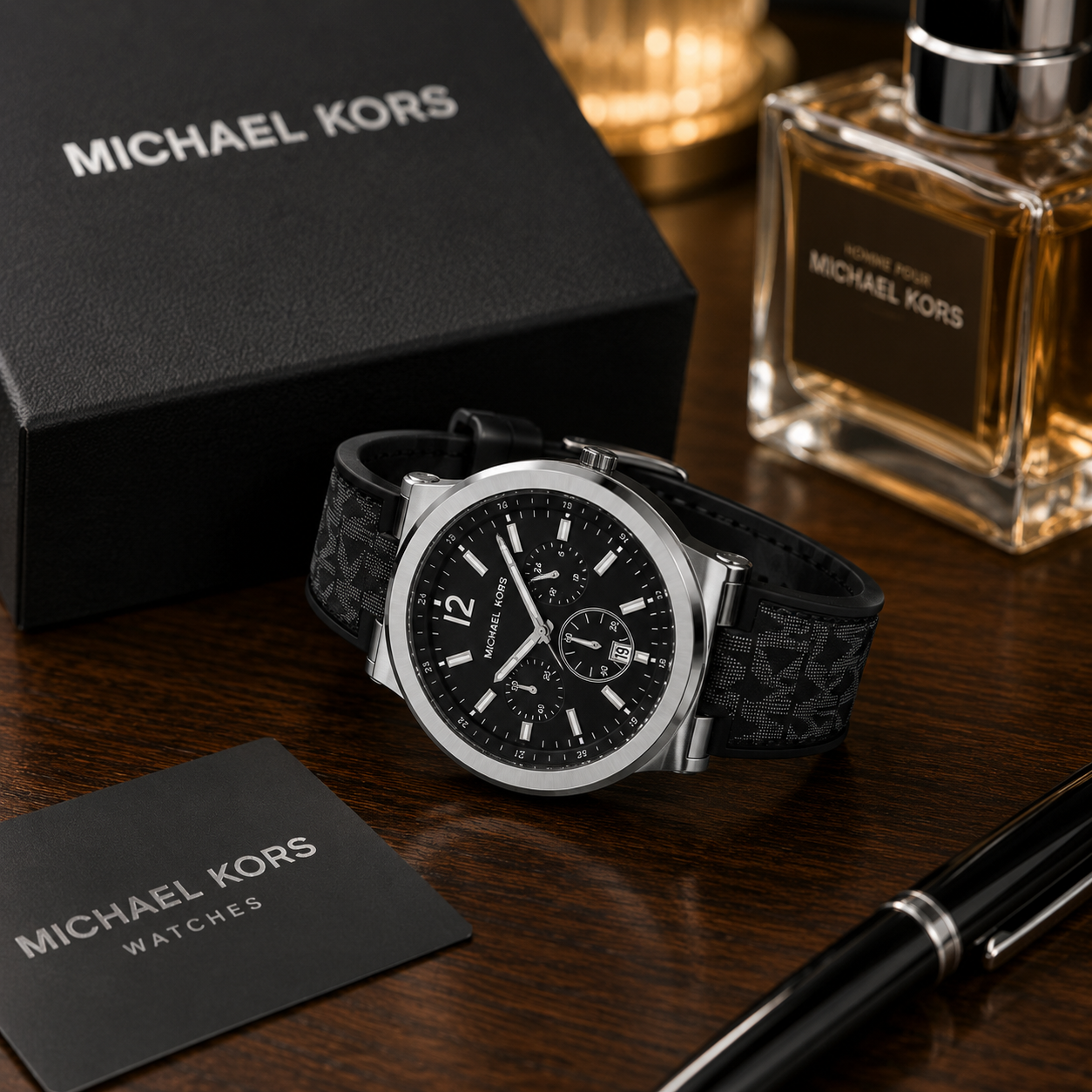 Mic_hael Ko_rs Black Dial Chronograph Men’s Watch – Silver Case & MK Pattern Strap