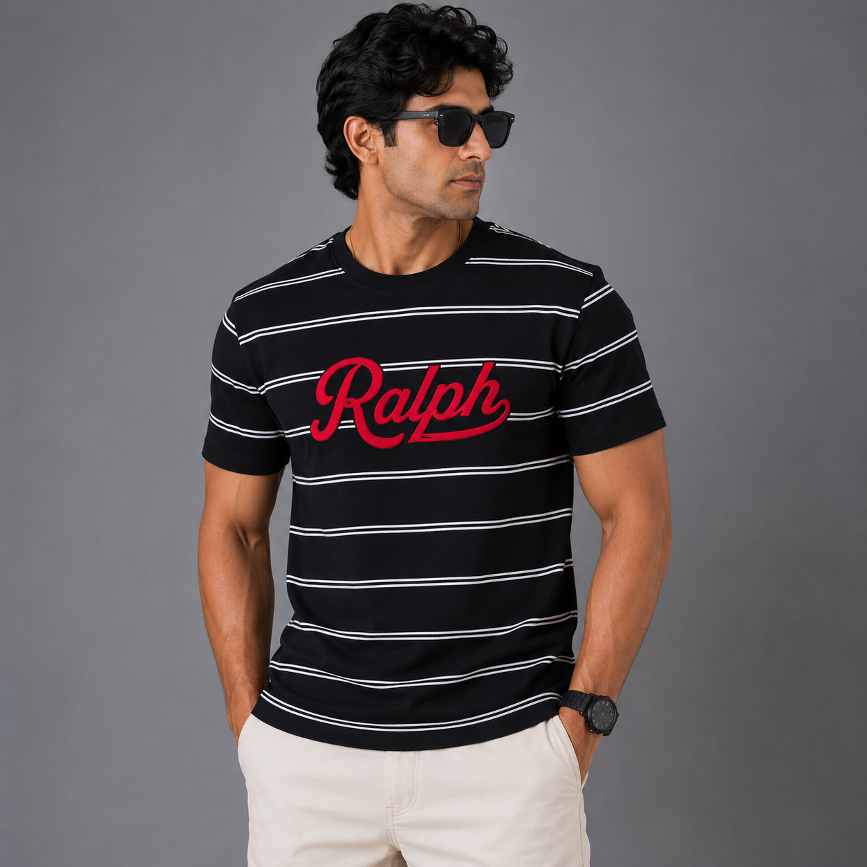 Po_lo Ral_ph Lau_ren Men’s Black Striped Crew Neck T-Shirt – Red Ralph Embroidered Logo