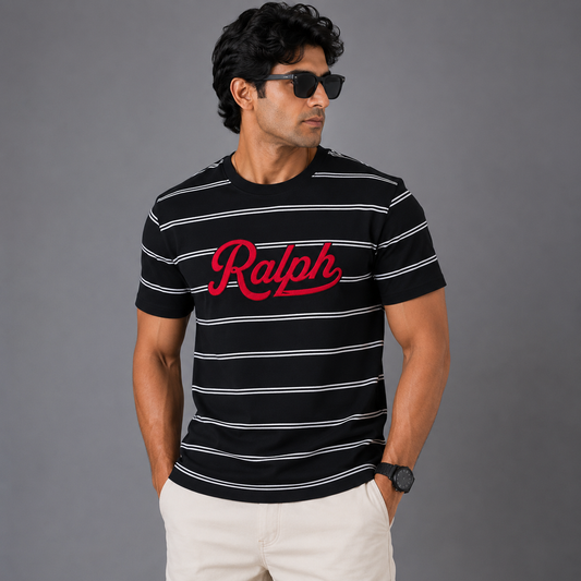 Po_lo Ral_ph Lau_ren Men’s Black Striped Crew Neck T-Shirt – Red Ralph Embroidered Logo