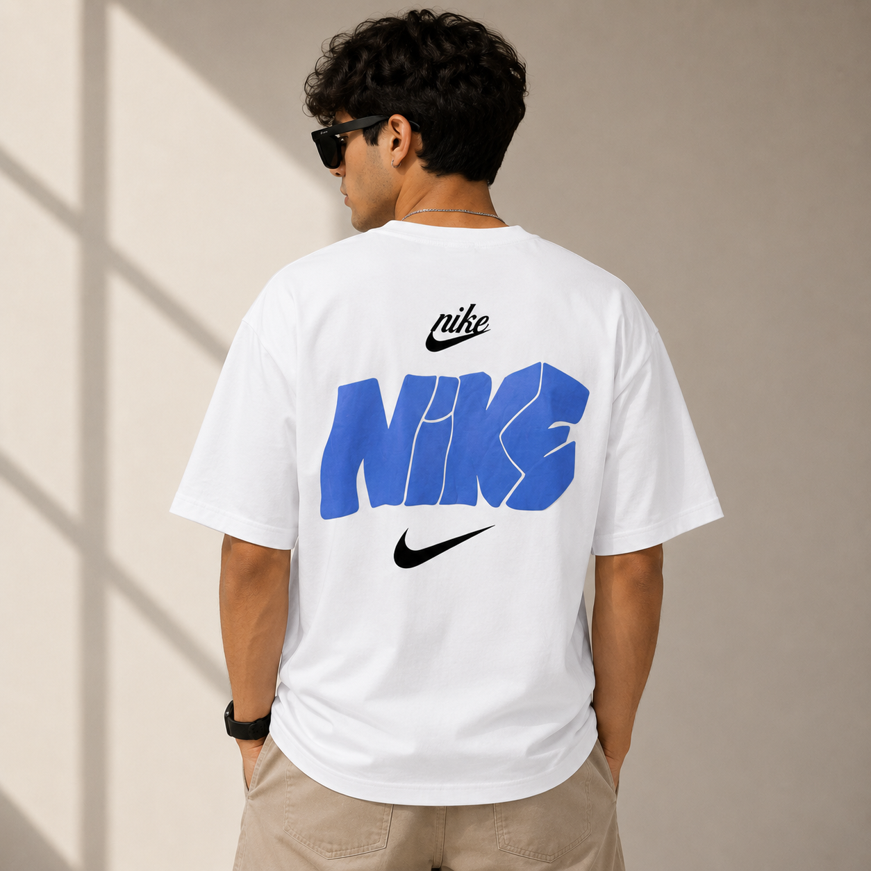 Ni_ke Men’s White Oversized Graphic T-Shirt – Blue Back Print Streetwear Tee