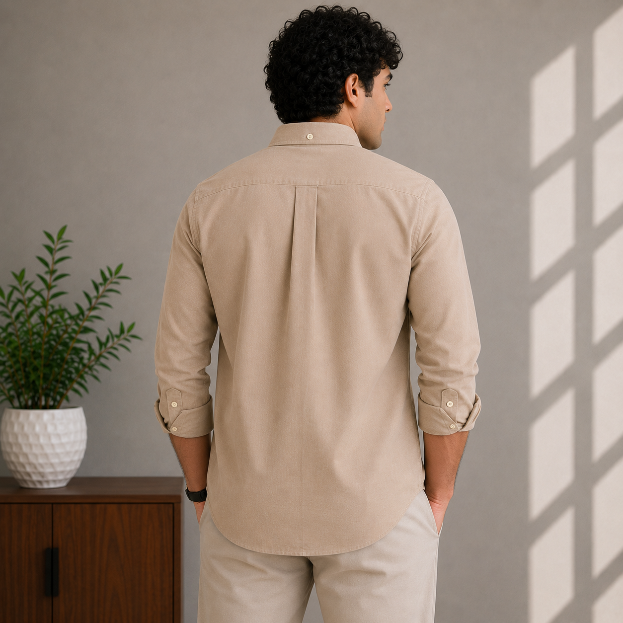 Lac_oste Men’s Beige Slim Fit Button-Down Shirt – Signature Crocodile Logo