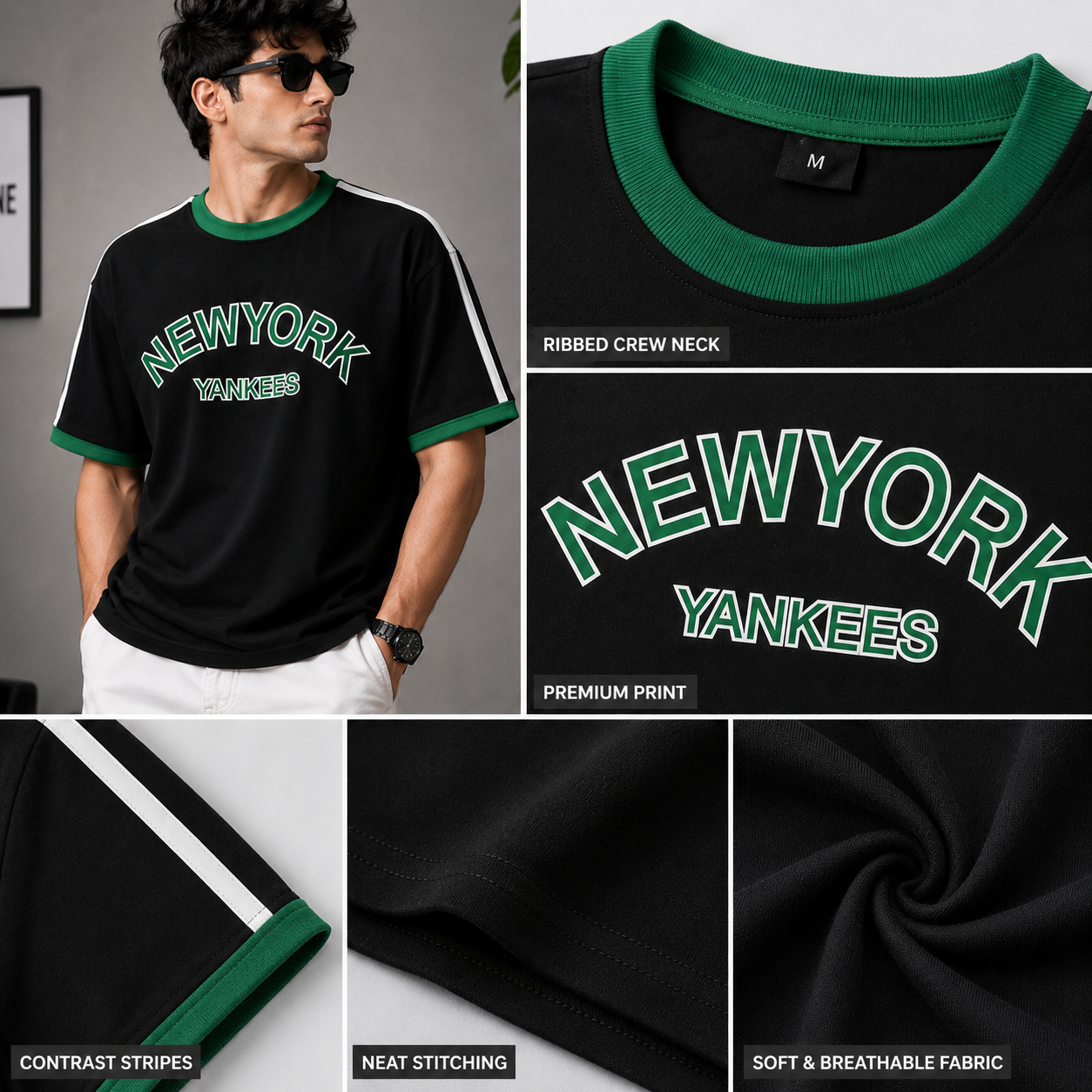N_ew Yo_rk Yan-kees Oversized Black Contrast Stripe T-Shirt for Men