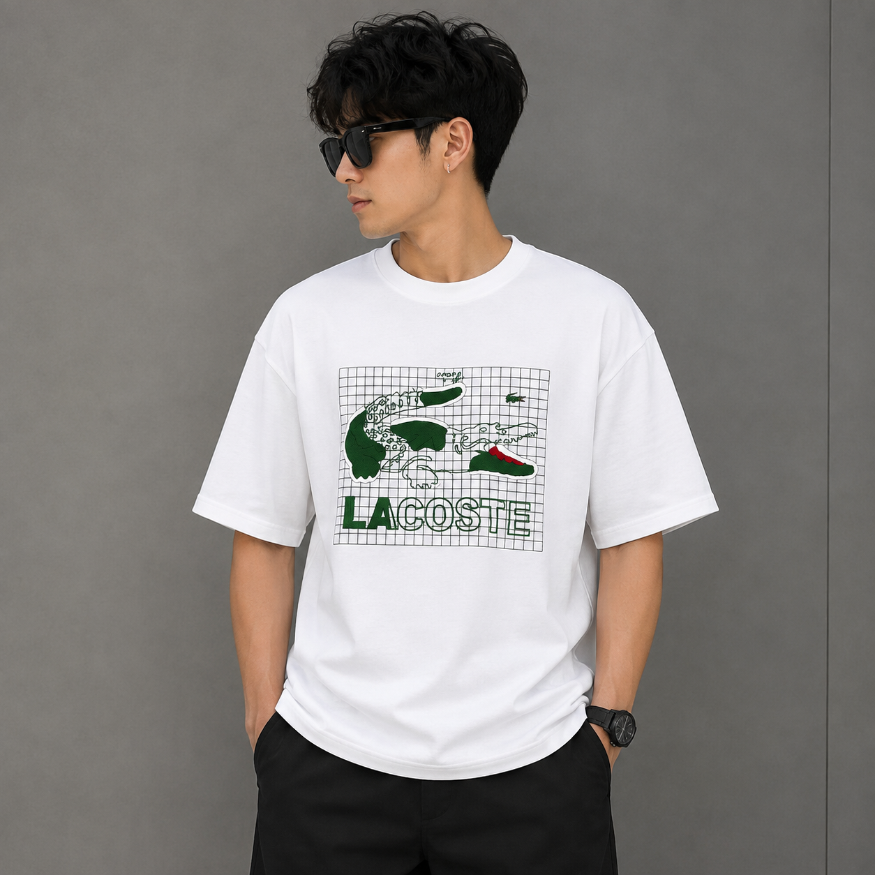 Lac_oste Men’s White Graphic T-Shirt | Premium Crocodile Print Oversized Crew Neck Tee