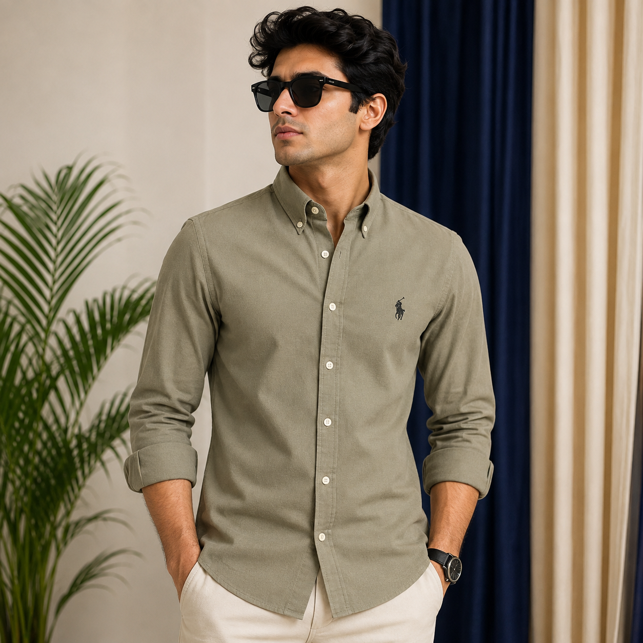 Po_lo RAL_PH LAU_REN Men’s Premium Olive Khaki Oxford Shirt – Embroidered Button-Down Full Sleeve Shirt