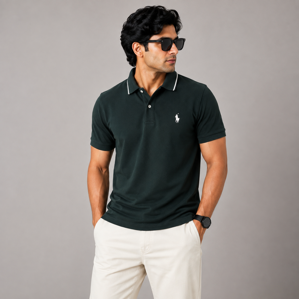 Po_lo Ra_lph Lau_ren Men’s Dark Green Premium Polo T-Shirt – Signature Pony Logo & Contrast Collar