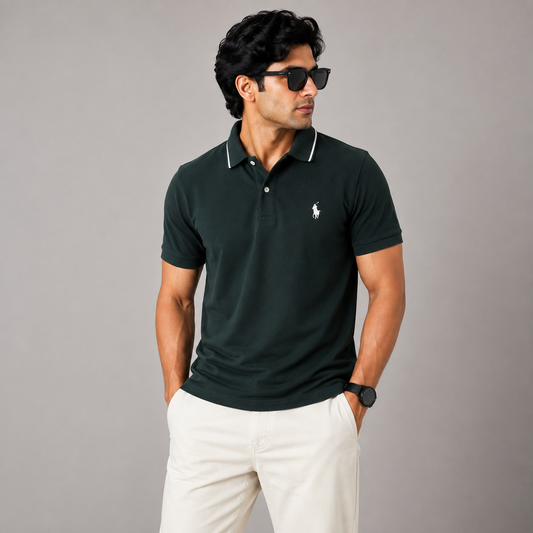 Po_lo Ra_lph Lau_ren Men’s Dark Green Premium Polo T-Shirt – Signature Pony Logo & Contrast Collar