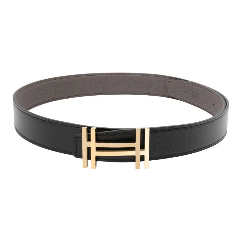 HERMES Double H Block Gold Buckle Togo Calfskin Reversible Leather Belt Men's Black/Tin Grey Width 3.2cm