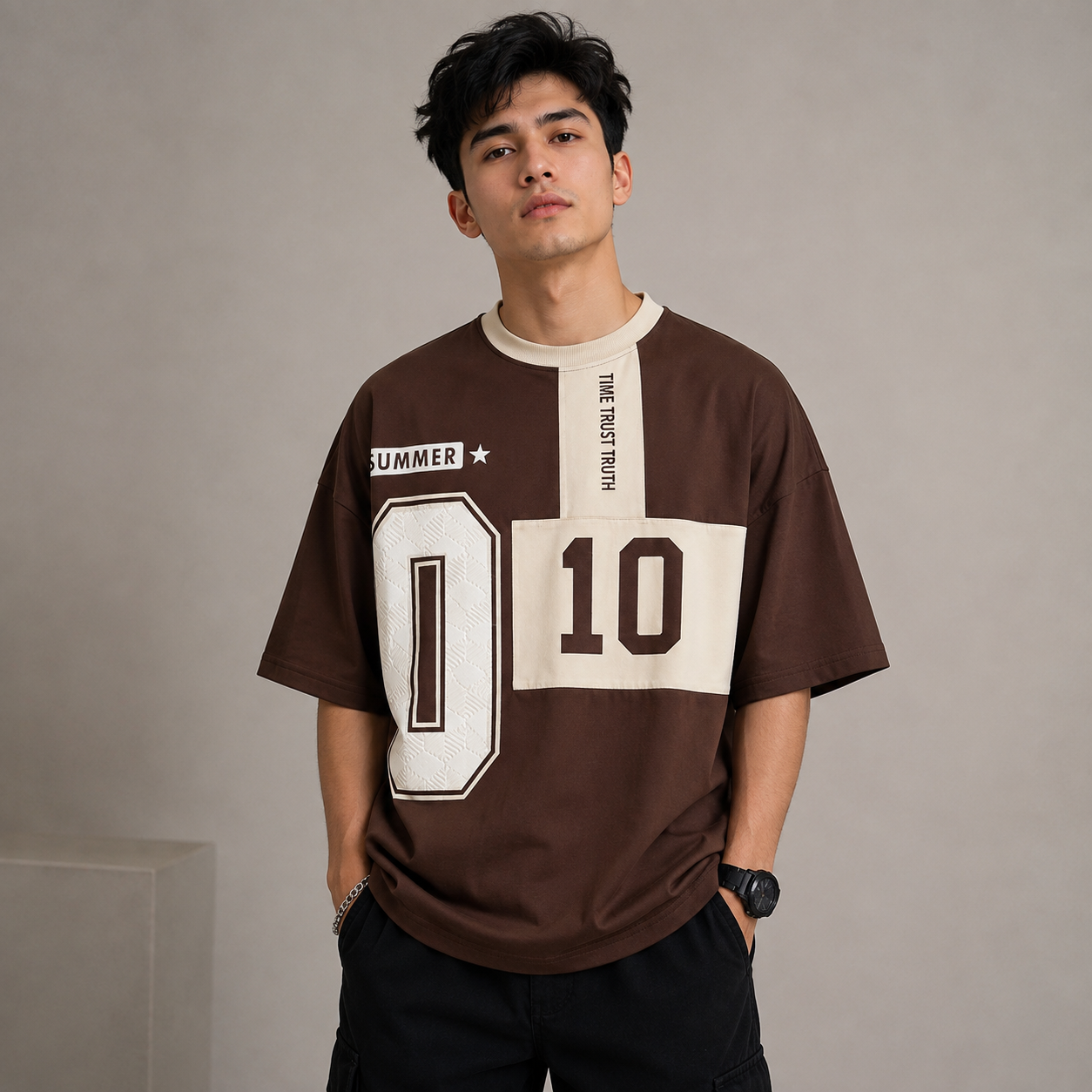 Adi_das Men's Oversized Brown Graphic Printed T-Shirt | Premium Cotton Drop Shoulder Streetwear Tee