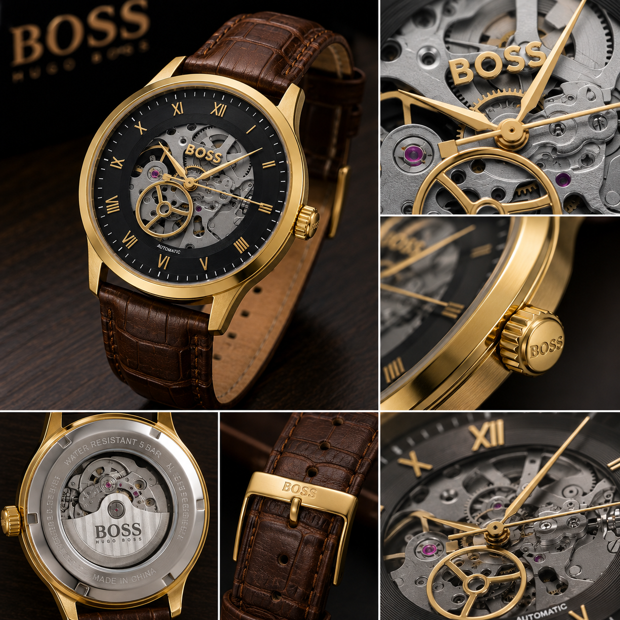BO_SS Hugo Boss Gold Automatic Skeleton Men’s Watch – Brown Leather Strap