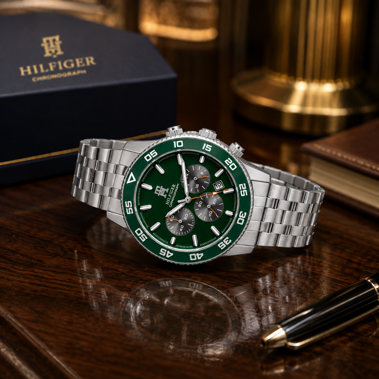 Tom_my Hilf_iger Green Dial Chronograph Stainless Steel Watch