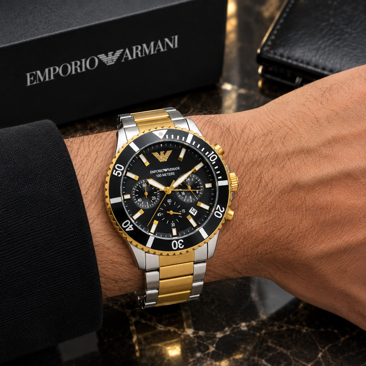 Em_porio Arm_ani Two-Tone Men’s Chronograph Watch – Black Dial & Gold-Silver Stainless Steel Bracelet