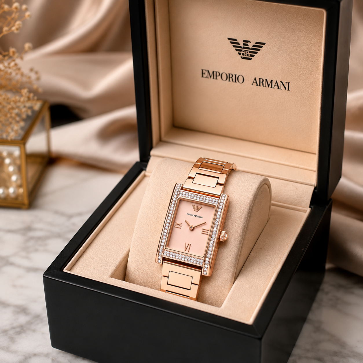 Emp_orio Arm_ani Rose Gold Crystal-Studded Rectangular Women’s Watch