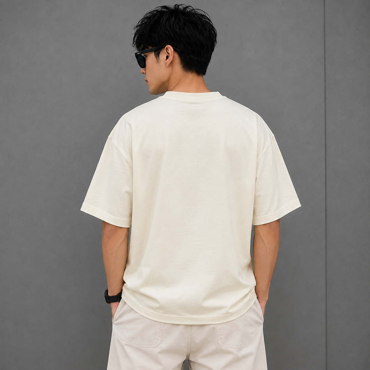 H_&_M Men’s Off-White Oversized T-Shirt | Premium Boxy Fit Crew Neck Tee