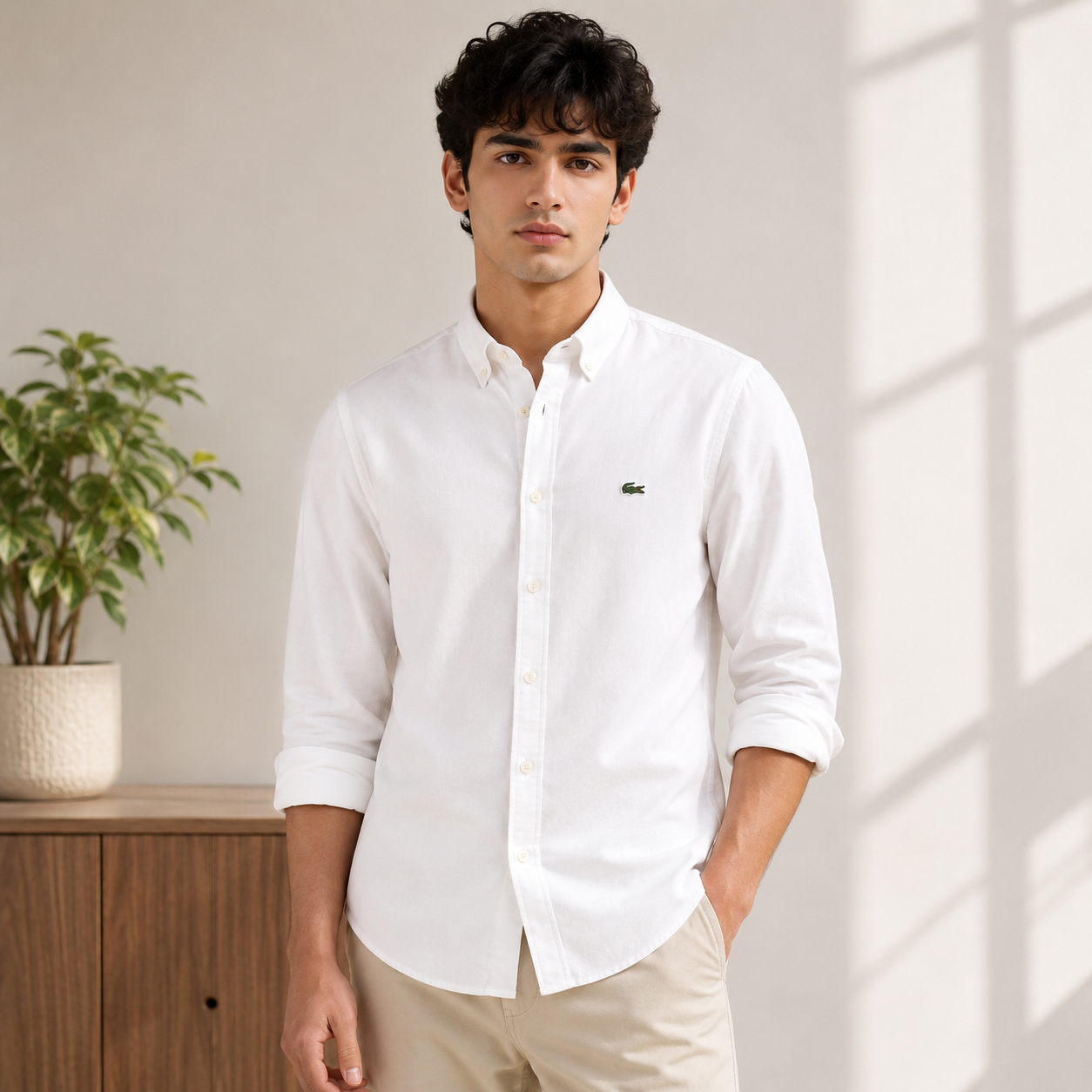 Lac_oste Men’s Classic White Button-Down Shirt – Signature Crocodile Logo