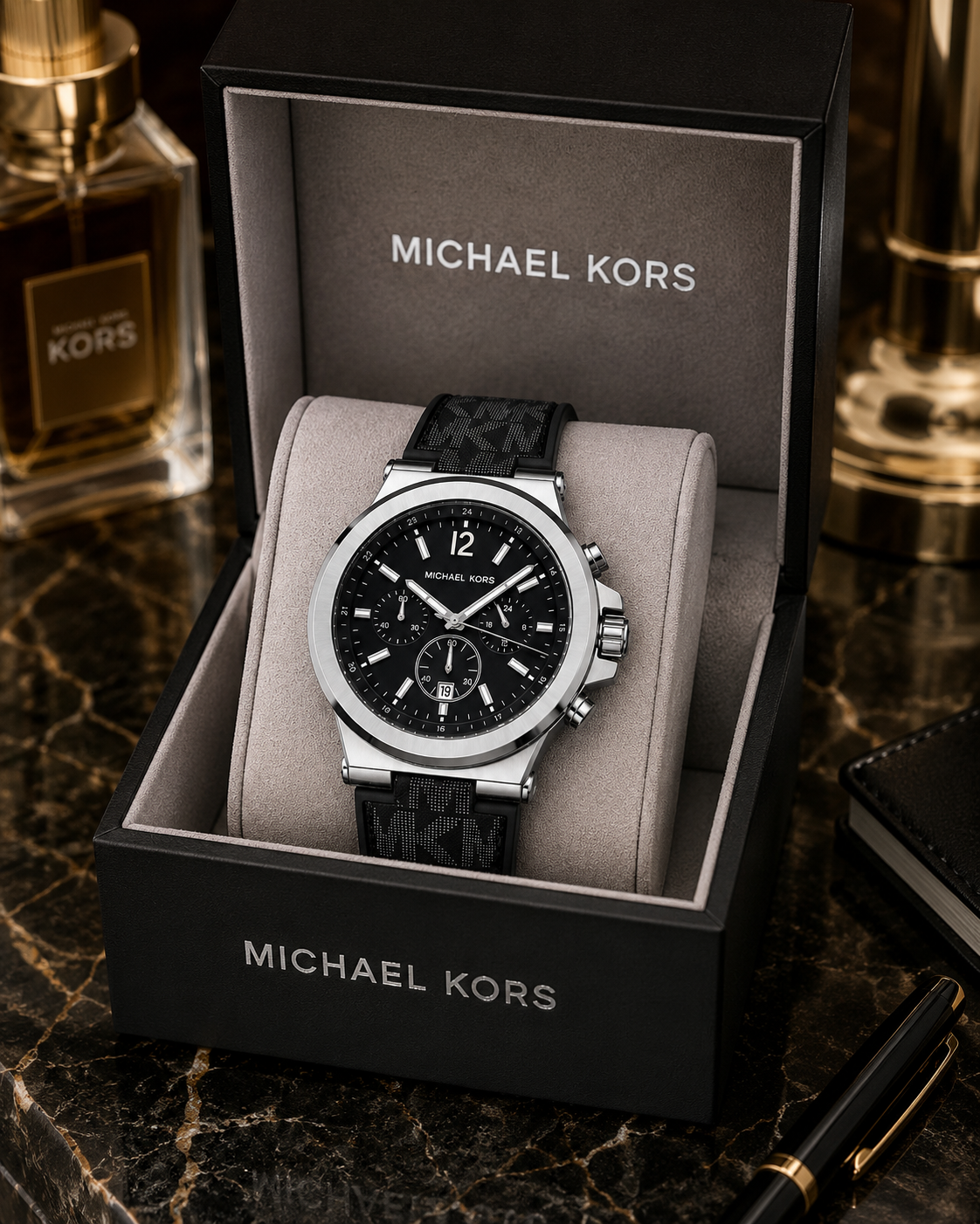 Mic_hael Ko_rs Black Dial Chronograph Men’s Watch – Silver Case & MK Pattern Strap