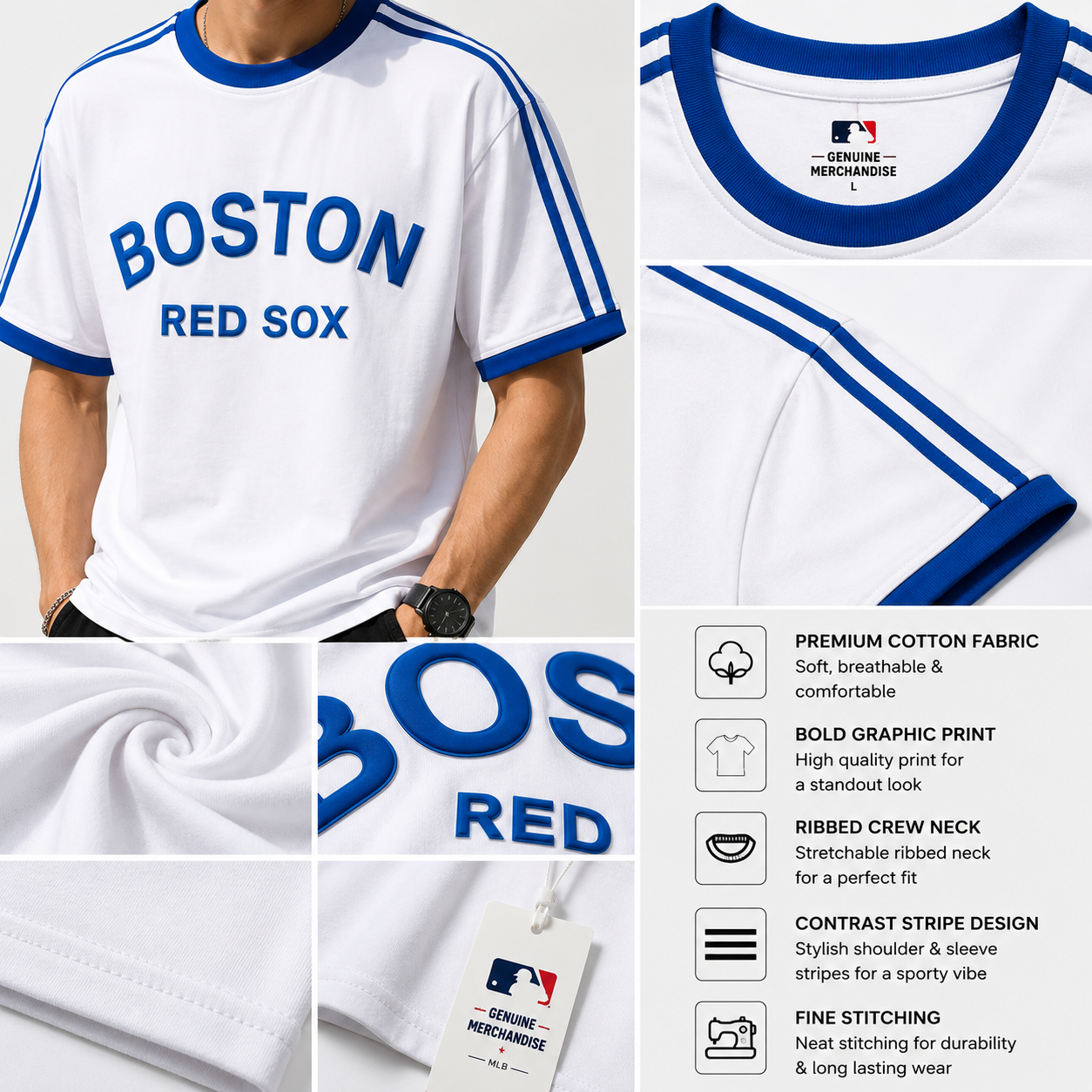 Bos_ton R_ed S_ox Inspired Men's Premium White Oversized Cotton T-Shirt with Blue Contrast Stripe