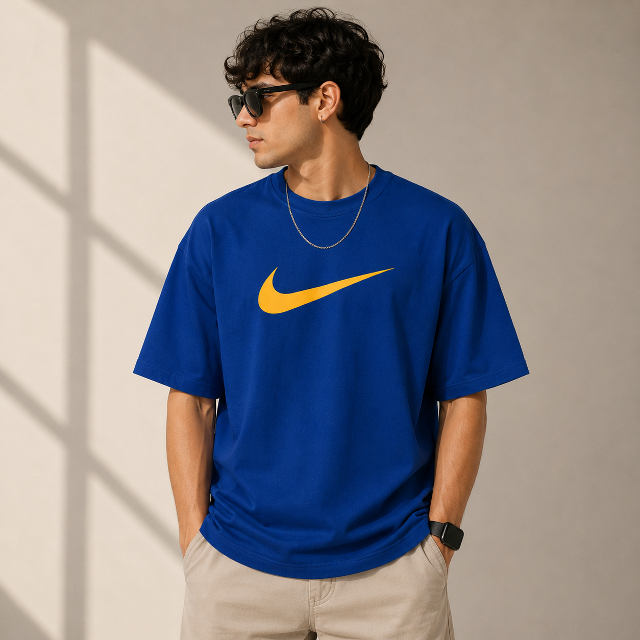 Ni_ke Men’s Royal Blue Oversized Graphic T-Shirt – White & Yellow Streetwear Tee